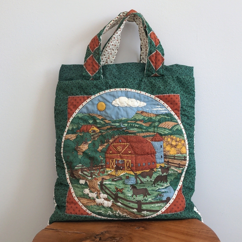 Handmade Quilted Farmhouse Horses Sheep Sky Tote with Hearts Handle
